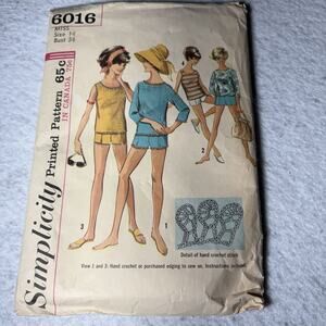 VTG 1965 Simplicity 6016 Sewing Pattern UNCUT Mod Beach Set Top Shorts Bust 34